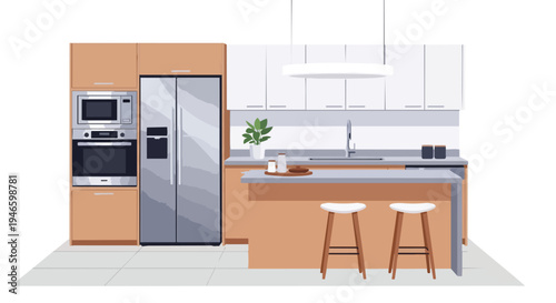 Modern kitchen design vector. Sleek appliances: fridge, oven, microwave. Light wood, white cabinets. Island, two bar stools, sink. Clean, functional