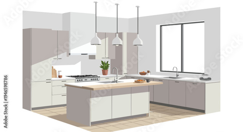 Contemporary kitchen interior with sleek island, modern appliances, and bright natural light