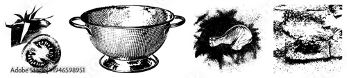 Black and white halftone art depicting sliced tomato, metal colander, chicken drumstick, and stone carving, stylized vector graphics with isolated elements.
