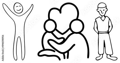 Simple stick figures celebrating joy, embracing love, and standing calmly, minimalist art, emotional expression, positive human interaction.