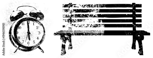 Classic analog alarm clock with bells and wooden park bench, halftone print style, isolated vector cutout, nostalgic design, urban furniture and timepiece graphic.