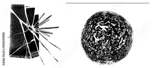 Broken glass pane with radial cracks, halftone dot texture, spherical abstract form, graphic design elements, vector art.