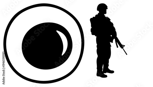 Military personnel in combat gear holding rifle, aiming at circular target, tactical training, armed forces symbol, vector.