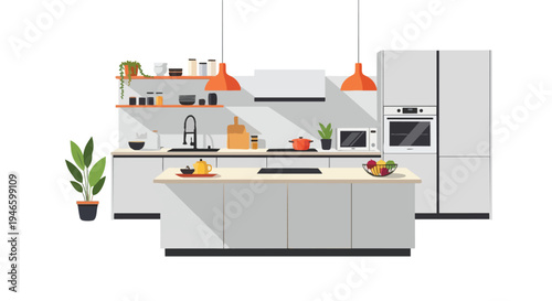 Contemporary minimalist kitchen design showcasing sleek grey cabinets, modern appliances, a central island, and stylish pendant lighting creating a