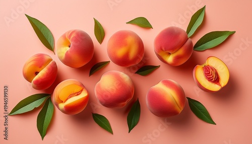 the scene shows flat lay composition with ripe peaches on color background