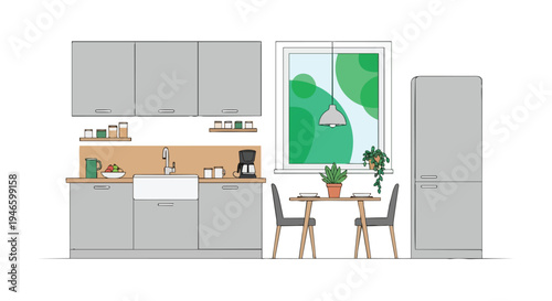 A clean, contemporary kitchen illustration featuring sleek grey cabinetry, a functional sink, and a small dining area. Modern interior design vector