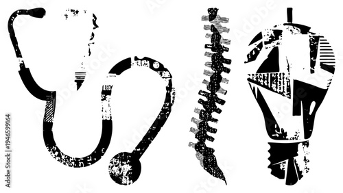 Stethoscope, spine, lightbulb medical, health, and innovation with distressed texture, vector art, symbolic.