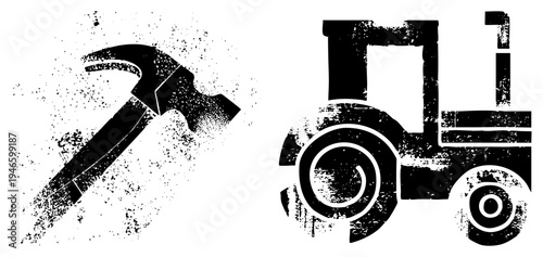 Black silhouette pickaxe with grit texture, rustic tractor with circular wheels, vector farm tools, mining equipment, agricultural machinery, halftone style, isolated graphic.
