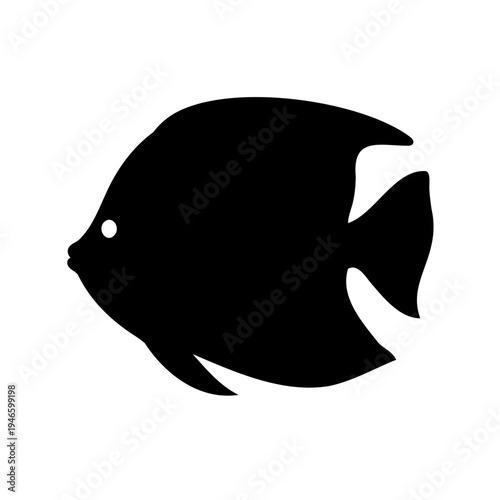 Black silhouette of a tropical fish with fins and a white eye