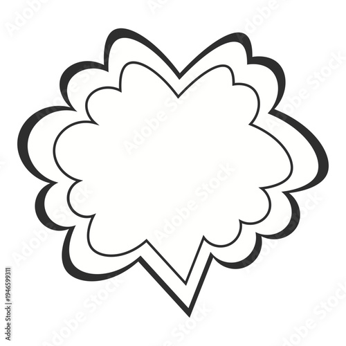 White cloud-flower speech bubble with outline, cartoon illustration, communication, chat, message, dialogue, conversation, icon, graphic, design, social media, talking, text, symbol.
