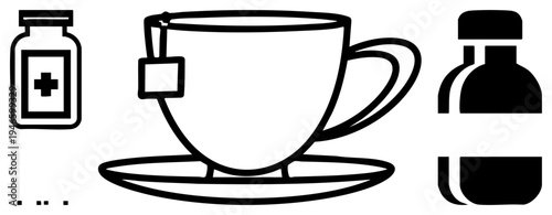 Minimalist showing medicine bottle, tea cup with tea bag, and water bottle, clean vector design, healthcare and hydration symbols.