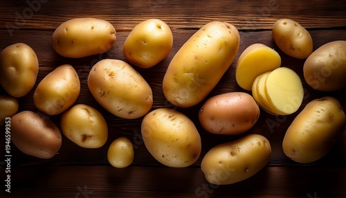rustic wooden tabletop featuring unpeeled and peeled potatoes arranged artistically