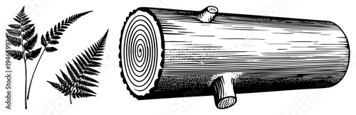 Botanical fern leaves and tree log with growth rings, hand drawn vector art, nature illustration, forestry element, eco design, black and white sketch.