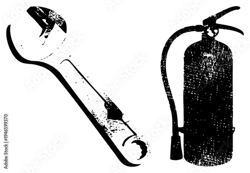 Black and white vector graphic of wrench and fire extinguisher, safety equipment, industrial maintenance tools, emergency response symbols.
