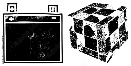 Retro computer screen with plus, glitched cube grid, digital interface, pixelated tech, vector graphic, design, tech.