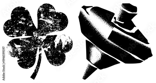 Distressed black clover and stylized rose vector, halftone texture, graphic design elements, luck symbol, motif, art.