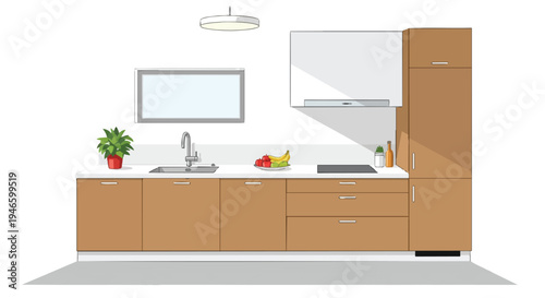 Modern kitchen interior design illustration with sleek brown cabinetry and white counters for domestic space