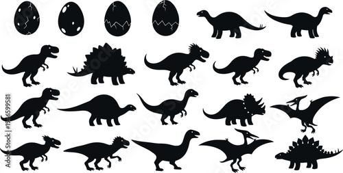 Collection of prehistoric dinosaur silhouettes and cracked eggs including Tyrannosaurus Rex Triceratops Stegosaurus and Pterodactyl for creative vector design projects