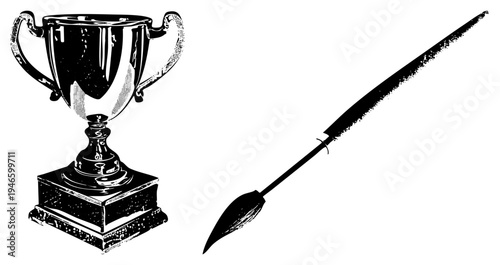Classic award trophy with dual handles and ornate base, paired with elegant fountain pen symbolizing achievement and artistic expression, rendered in halftone style.