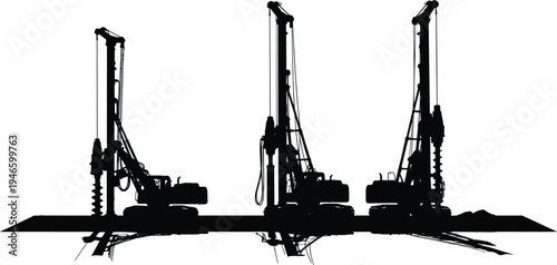Construction drilling rig silhouettes collection, heavy machinery for foundation piling and ground drilling operations, industrial engineering equipment vector illustration isolated