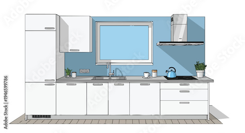 Modern kitchen design sketch with white cabinets and blue wall