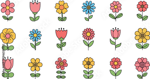 Colorful cartoon flowers on white background pink yellow