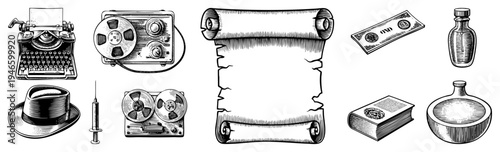 Classic typewriter, reel to reel tape recorder, parchment scroll, dollar bill, glass bottle, fedora hat, syringe, book, and clay jug nostalgic analog era artifacts.