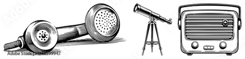 Classic rotary phone, vintage telescope on, retro radio with dials nostalgic tech, halftone vector sketch, communication era relics, isolated vector foreground.