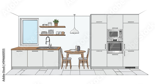 Clean contemporary kitchen layout illustration featuring functional white cabinetry, integrated modern appliances, convenient sink station, and an