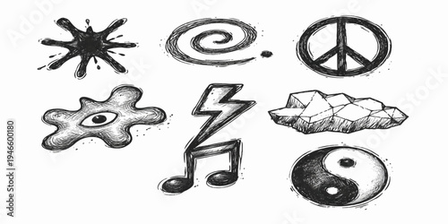 Hand Drawn Doodle Symbols Set with Peace Sign Yin Yang and Music Note