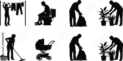 Household chores silhouette collection showing laundry, cleaning, gardening, trash disposal and baby stroller activities, domestic daily routine concept, black vector illustration isolated