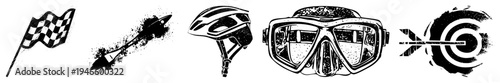 Checkered flag,, helmet, mask, bullseye vector for sports, adventure, goals. Synonyms finish, shuttle, headgear, snorkel gear, aim point.