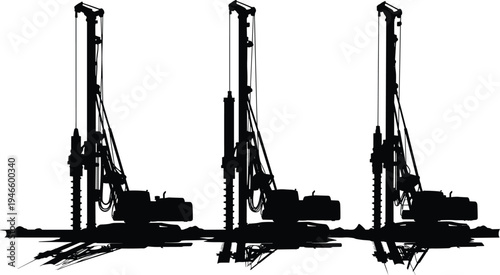 Drilling rig and piling machine silhouettes for construction foundation work, heavy industrial machinery equipment vector illustration set isolated on white background