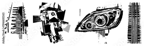 Fragmented graphic design with sharp angles, halftone textures, and bold black and white contrast, ideal for modern digital art or print.