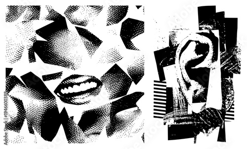 Graphic art composition featuring fragmented halftone mouth and ear, stylized pop art, bold geometric shapes, high contrast, modern abstract design.