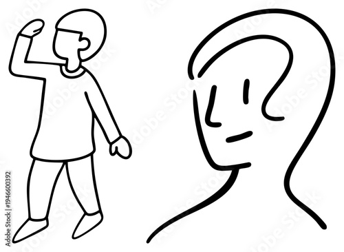 Skeptical face observing determined person flexing arm, minimalist drawing, conceptual illustration, doubt vs confidence theme.