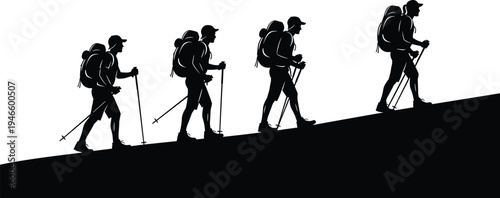 Silhouette of a Group of Hikers with Backpacks and Trekking Poles Climbing Up a Mountain Hill Outdoors Fitness Vector Illustration