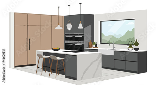 A sleek, modern kitchen design featuring a functional island, integrated appliances, and stunning mountain views creating a bright and inviting