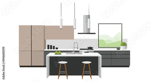 Contemporary kitchen interior illustration featuring a sleek island with seating, modern appliances, elegant overhead lighting, and minimalist decor