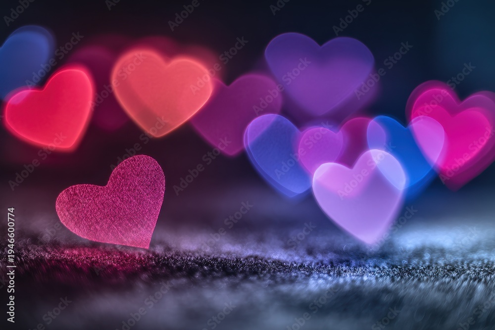 Obraz premium Colorful heart bokeh glow against velvet-like night background