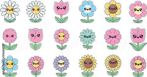 Smiling cartoon flowers in rows colorful cute