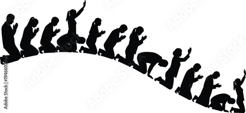 Silhouette of diverse people kneeling in prayer and worship positions on a wave path representing spiritual journey and religious devotion.