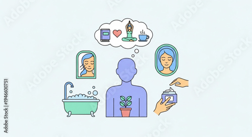 Self care routine and mental well being concept illustration.