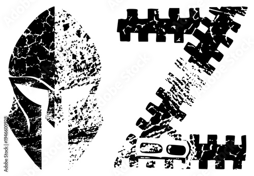 Vintage styled Spartan helmet and zipper, vector design, distressed texture, graphic symbols, bold black shapes, isolated elements.