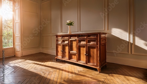 warm sunlight illuminates antique wooden cabinet in elegant room with paneled walls and herringbone floor