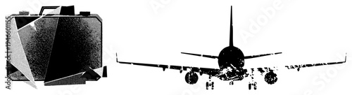 Retro travel suitcase with geometric and airplane rear silhouette, halftone texture, vector, aviation and luggage design.