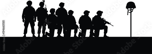 Silhouette of military soldiers standing in field with fallen soldier helmet memorial on pole during sunset for army remembrance day