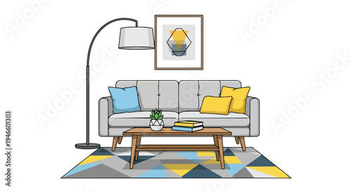 A modern stylish cartoon living room interior design concept with contemporary furniture and decor elements an inviting cozy space featuring a sofa