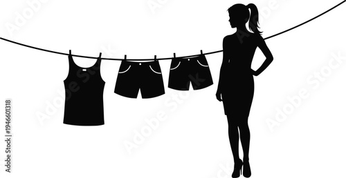 Woman silhouette standing near clothesline with hanging garments, casual clothing drying outdoors concept, laundry day lifestyle scene, minimal black vector illustration isolated background