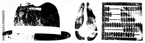 Grunge style vector silhouettes of a fedora, human lungs, and abacus with grainy texture, isolated elements for design, retro medical or educational themes.